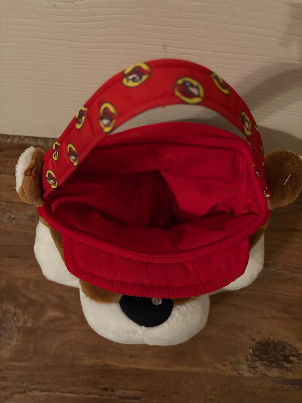 Kids Plush Buc-ee’s Animal bucket- Brown & White with Red Handle. 6” x 12”
